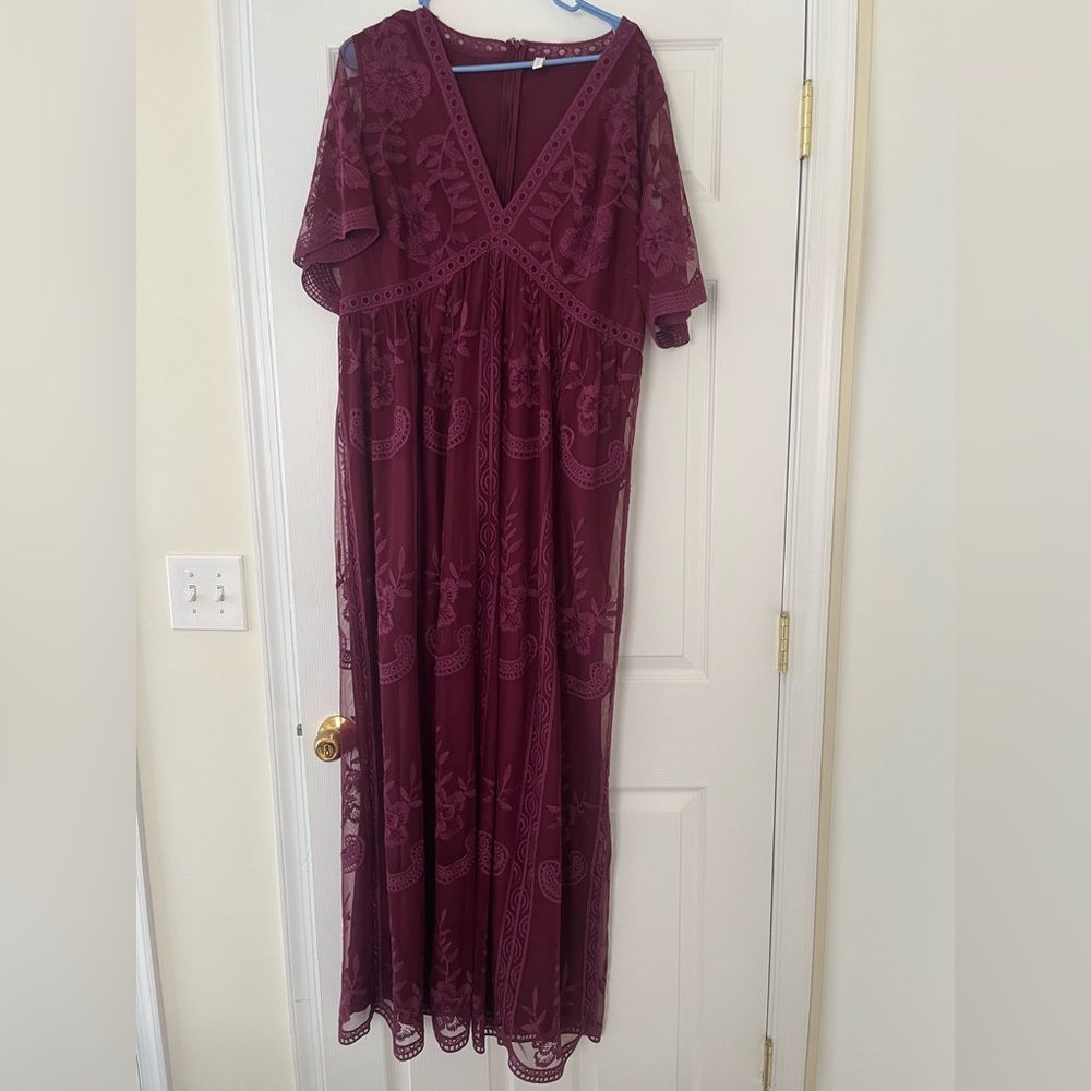 PinkBlush Burgundy Lace Mesh Overlay Plus Maternity Maxi Dress | Worn Once